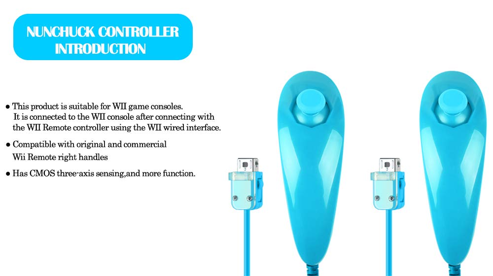 Poulep 2 Packs Nunchuk Nunchuck Controllers Joystick Gamepad compatiable for Nintendo Wii Wii U Console (Blue and Blue)